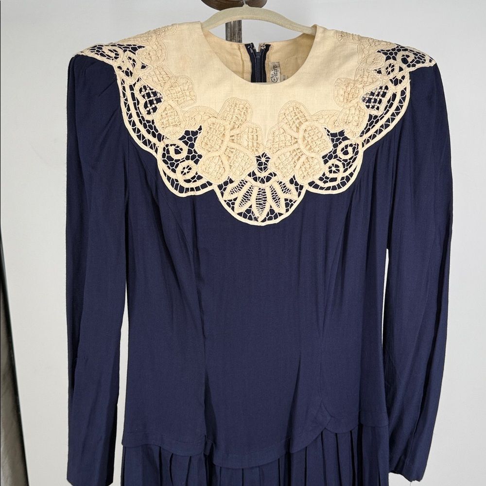 Marie St Claire Dress Wm 14 Vintage Blue 80s Crochet Collar Victorian Style - Picture 3 of 14